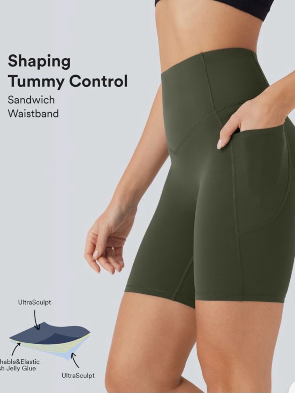 HALARA Olive Green High-Waist Shaping Bike Shorts